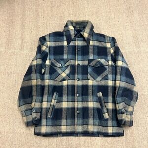 Vintage Sears Wool Plaid Button Up Shirt Mens Large Blue 1970s Flannel